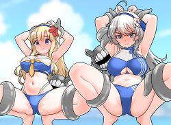 Rule 34 | 2girls, abyssal ship, ahoge, arms up, bikini, blonde hair, blue bikini, blue eyes, blue hairband, blush, breasts, double bun, enemy naval mine (kancolle), fletcher (kancolle), fletcher mk ii (kancolle), fletcher mk ii (swimsuit) (kancolle), flower, full-face blush, furaggu (frag 0416), grey hair, hair bun, hair flower, hair ornament, hairband, highres, kantai collection, large breasts, long hair, multiple girls, navel, official alternate costume, purple eyes, red flower, restrained, sailor bikini, sailor collar, spread legs, swimsuit, tentacles, very long hair, washington (kancolle), washington (swimsuit) (kancolle)