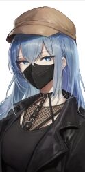 1girl black_choker black_jacket black_mask black_shirt blue_eyes blue_hair breasts brown_hat choker commentary english_commentary hair_between_eyes hat highres jacket large_breasts leather leather_jacket long_hair looking_at_viewer mask mouth_mask o-ring original second-party_source shirt simple_background solo vloodozer white_background