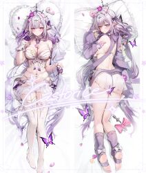 1girl absurdres adapted_costume akizero1510 armpit_crease ass back bare_shoulders bed black_tiara blush bow bra breasts bug butterfly castorice_(honkai:_star_rail) character_name closed_mouth commentary_request convenient_censoring dakimakura_(medium) detached_sleeves flower from_above from_behind garter_straps gloves gluteal_fold groin hair_bow hair_flower hair_ornament half_gloves hand_up head_on_pillow heart heart-shaped_pillow highres honkai:_star_rail honkai_(series) insect large_breasts leg_warmers long_hair long_sleeves looking_at_viewer looking_back lying median_furrow meme_attire multiple_views navel no_shoes on_back on_bed on_stomach paid_reward_available panties parted_lips pillow pink_flower pointy_ears purple_bow purple_butterfly purple_eyes purple_gloves purple_hair purple_petals purple_socks purple_sweater showgirl_skirt side-tie_panties sidelocks skirt smile socks stirrup_legwear stomach sweater thighhighs thighs tiara toeless_legwear toes underwear very_long_hair virgin_killer_sweater white_bra white_garter_straps white_panties white_skirt white_thighhighs