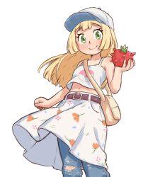1girl alternate_costume baseball_cap beachepisode belt blonde_hair blush brown_belt closed_mouth collarbone denim food green_eyes hat highres holding holding_food jeans lillie_(pokemon) long_hair looking_at_viewer navel nintendo pants pants_under_skirt pokemon pokemon_sm simple_background skirt smile solo torn_clothes torn_jeans torn_pants white_background white_skirt