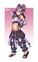 Rule 34 | 1girl, fire emblem, fire emblem fates, hair comb, hand on own hip, loadez, navel, nintendo, onmyoji, orochi (fire emblem), purple eyes, purple hair