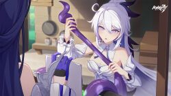 2girls ahoge bare_shoulders breasts cleavage commentary detached_collar detached_sleeves dress english_commentary frying_pan gloves grey_eyes highres holding holding_paper honkai_(series) honkai_impact_3rd indoors kiana_kaslana kiana_kaslana_(apho) kiana_kaslana_(herrscher_of_finality) long_hair long_sleeves medium_breasts multiple_girls official_alternate_costume official_art official_wallpaper paper parted_lips purple_gloves raiden_mei raiden_mei_(apho) strapless strapless_dress tentacles upper_body very_long_hair white_dress white_hair