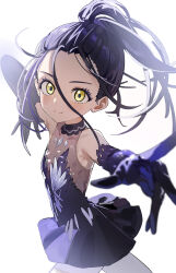 1girl absurdres aweqdre black_dress black_gloves black_hair closed_mouth dress elbow_gloves figure_skating_dress gloves highres kamisaki_hikaru long_hair medalist_(manga) pantyhose ponytail simple_background smile solo white_background white_pantyhose yellow_eyes