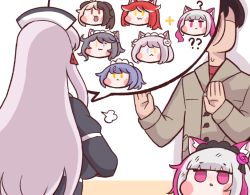 1boy 6+girls animal_ears black_lilith blunt_bangs bulga carrying chibi commander_(last_origin) dog_ears dog_girl eternity_(last_origin) faceless faceless_male fenrir_(last_origin) hachiko_of_castling jitome last_origin mini_person minigirl multicolored_hair multiple_girls perrault_(last_origin) pink_eyes pink_hair silver_hair snow_feather_(last_origin) spoken_character two-tone_hair wolf_ears yellow_eyes