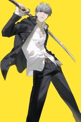 Rule 34 | 1boy, belt, belt buckle, black jacket, black pants, buckle, buttons, closed mouth, collared shirt, commentary request, feet out of frame, grey eyes, grey hair, hand in pocket, highres, holding, holding sword, holding weapon, jacket, katana, long sleeves, looking at viewer, male focus, narukami yu, open clothes, open jacket, over shoulder, pants, persona, persona 4, prsnmikuro, school uniform, shirt, short hair, solo, standing, sword, weapon, white shirt, yasogami school uniform, yellow background