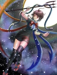 1girl ahoge arm_up asymmetrical_wings black_dress black_hair black_thighhighs blue_wings blush bow bowtie breasts buttons center_frills closed_mouth commentary_request dress footwear_bow frills full_body full_moon galaxy highres holding holding_polearm holding_weapon houjuu_nue kyabekko looking_at_viewer mary_janes medium_breasts moon night nue_day outdoors polearm red_bow red_bowtie red_eyes red_shoes red_wings shoes short_dress short_hair short_sleeves sky smile snake solo star_(sky) starry_sky thighhighs tomoe_(symbol) touhou trident weapon wings wristband