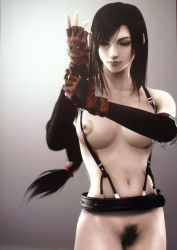 Rule 34 | 1990s (style), 1girl, 3d, belt, bottomless, breasts, brown eyes, brown hair, covered erect nipples, female focus, female pubic hair, final fantasy, final fantasy vii, fingerless gloves, gloves, gradient background, highres, long hair, materia, naked suspenders, nipples, ponytail, pubic hair, retro artstyle, solo, standing, suspenders, third-party edit, tifa lockhart