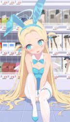 1girl absurdres alternate_costume animal_ears bare_shoulders blonde_hair blue_archive blue_eyes blue_leotard blush bow bowtie breasts condom_box detached_collar fake_animal_ears forehead garter_straps hairband halo high_heels highres leotard long_hair looking_at_viewer okamoto_condoms open_mouth pantyhose playboy_bunny rabbit_ears sando_(dukedevil) shoes sitting small_breasts solo sora_(blue_archive) thighhighs very_long_hair white_thighhighs