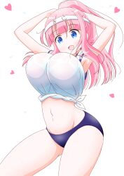 Rule 34 | 1girl, armpits, breasts, buruma, crop top, fujiwara chika, heart, highres, imai kazunari, japanese text, kaguya-sama wa kokurasetai ~tensai-tachi no renai zunousen~, large breasts, pink hair, ponytail, see-through clothes, see-through shirt, shirt, short, sleeveless, sweat, tied shirt