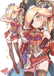 1girl artist_logo artist_name bare_shoulders bicorne black_coat black_hat black_leotard black_thighhighs blonde_hair blue_eyes breasts coat cosplay cowboy_shot cropped_jacket crown full_body hair_over_one_eye hat highres hololive houshou_marine houshou_marine_(1st_costume) houshou_marine_(cosplay) jacket leotard logo long_hair mario_(series) medium_breasts mini_crown miniskirt nintendo pirate_hat pleated_skirt red_jacket red_skirt rosalina simple_background skirt sleeveless sleeveless_jacket thighhighs toggy_keiichi twintails white_background