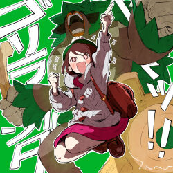 1girl arm_up backpack bag boots brown_eyes brown_footwear brown_hair cardigan clenched_hand clenched_teeth commentary_request dress gen_8_pokemon gloria_(pokemon) green_background green_hat grey_cardigan haruhashi hat highres index_finger_raised long_sleeves nintendo open_mouth outline pink_dress pokemon pokemon_(creature) pokemon_swsh pom_pom_(clothes) rillaboom simple_background star-shaped_pupils star_(symbol) symbol-shaped_pupils teeth translation_request white_outline