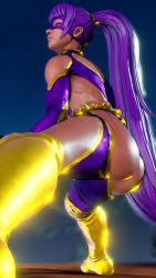 1girl 3d absurdres ancient_egyptian artist_request ass ass_cutout breasts cleavage cleavage_cutout clothing_cutout cosplay curvy dark-skinned_female dark_skin female_focus highleg highleg_leotard highres huge_ass leotard lips menat ponytail purple_hair rainbow_mika_(cosplay) revealing_clothes ryona screencap shiny_skin smile solo street_fighter street_fighter_v thong_leotard