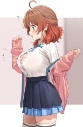Rule 34 | 1girl, ahoge, black overskirt, blue ribbon, blue skirt, blush, bra, bra peek, breasts, brown hair, bursting breasts, cardigan, cardigan partially removed, cleavage, commentary request, gakuen idolmaster, gradient hair, hanami ume, hatsuboshi gakuen school uniform, highres, idolmaster, large breasts, long sleeves, looking ahead, medium hair, multicolored hair, neck ribbon, orange hair, partial commentary, pink cardigan, pleated skirt, popped button, profile, rakushi (kamekameha222), ribbon, school uniform, shirt, shirt tucked in, skindentation, skirt, solo, tented shirt, thighhighs, underwear, white bra, white shirt, white thighhighs, zettai ryouiki