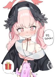 1boy 1girl absurdres beret black_hat black_wings blue_archive blush check_translation embarrassed feathered_wings gift halo hanakonenne hat head_wings highres koharu_(blue_archive) loli long_hair neckerchief off_shoulder pink_eyes pink_hair pink_halo pink_neckerchief sailor_collar sensei_(blue_archive) simple_background translation_request twintails white_background white_sailor_collar winged_halo winged_hat wings