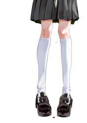 1girl black_shoes black_skirt blood blood_drip bloody_knife clover_knight_(vocaloid) commentary_request facing_viewer highres holding holding_knife iyowa_girls kneehighs knife loafers lower_body midori-chan_(iyowa) pleated_skirt ruu_(ru_1019_u) shoes simple_background skirt socks solo standing white_background white_socks