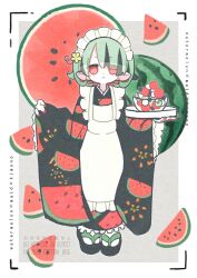 1girl apron black_kimono cotton_1186 food food_print fruit fruit_print full_body grey_hair highres holding holding_food japanese_clothes kimono long_sleeves looking_at_viewer maid maid_apron maid_headdress okobo original platform_sandals print_kimono red_eyes red_nails sandals solo standing wa_maid watermelon watermelon_print watermelon_slice white_apron wide_sleeves