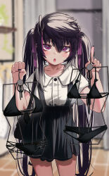 1girl :o absurdres bikini black_bikini black_hair black_skirt clothes_hanger cowboy_shot highres holding holding_clothes_hanger indoors light_blush long_hair looking_at_viewer original priite_hari_(torriet) purple_eyes shirt skirt solo suspender_skirt suspenders swimsuit torriet twintails unworn_bikini very_long_hair white_shirt