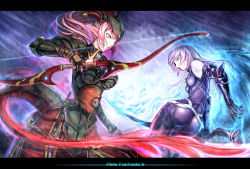 Rule 34 | 2girls, armor, ass, bare shoulders, belt, bow (weapon), dagger, detached sleeves, forehead protector, fortmaster cleska, gauntlets, knife, letterboxed, long hair, multiple girls, pink hair, pixiv fantasia, pixiv fantasia 5, pointy ears, ponytail, ryuuzaki ichi, sword, tail, weapon