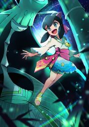1girl :d ayo_(ayosanri009) black_hair blue_skirt celesteela clenched_hand commentary_request eyelashes gen_7_pokemon green_shorts grey_eyes hair_ribbon happy highres knees liza_(pokemon) liza_(summer_2023)_(pokemon) night nintendo official_alternate_costume open_mouth outdoors pokemon pokemon_(creature) pokemon_masters_ex purple_sash ribbon sandals sash shirt shorts sidelocks skirt smile star_(sky) toes tongue ultra_beast
