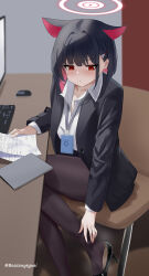 1girl absurdres animal_ears baozouyeguai black_footwear black_hair black_jacket black_pantyhose blazer blue_archive breasts cat_ears chair collarbone collared_shirt colored_inner_animal_ears colored_inner_hair commentary_request computer_keyboard computer_mouse desk extra_ears foot_out_of_frame formal_clothes hair_ornament hairclip halo high_heels highres holding holding_paper jacket kazusa_(blue_archive) lanyard light_blush long_sleeves multicolored_hair office office_lady on_chair open_clothes open_jacket pantyhose paper pink_hair pink_halo red_eyes shirt short_hair sitting solo twitter_username two-tone_hair