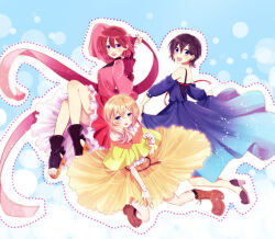 3girls alternate_costume anoko_(darenokoanoko) black_hair blonde_hair blue_dress blue_eyes blush boots brown_footwear capelet commentary_request dress hair_between_eyes kairi_(kingdom_hearts) kingdom_hearts kingdom_hearts_iii long_hair long_sleeves looking_at_viewer multiple_girls nail_polish namine off_shoulder open_mouth pink_dress purple_nails red_hair short_hair sleeveless sleeveless_dress sleeves_past_wrists smile toenails toes xion_(kingdom_hearts) yellow_capelet yellow_dress