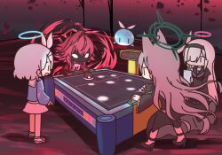 4girls air_hockey animal_ears arona_(blue_archive) blue_archive blue_halo chibi chibi_only dark_persona grey_hair halo highres holding holding_phone hoshino_(blue_archive) hoshino_terror_(blue_archive) multiple_girls phone pink_halo plana_(blue_archive) playing_games red_hair red_halo shiroko_(blue_archive) shiroko_terror_(blue_archive) short_hair standing wide_shot wolf_ears yukko_(hcryh955) |_|
