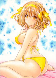 Rule 34 | 1girl, ass, bikini, breasts, brown eyes, brown hair, colored pencil (medium), covered erect nipples, hair ribbon, hairband, looking at viewer, medium breasts, nightmare77zx, ribbon, short hair, sitting, smile, solo, suzumiya haruhi, suzumiya haruhi no yuuutsu, swimsuit, traditional media, yellow bikini, yellow ribbon