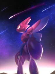 brown_eyes bug claws colored_skin cowboy_shot gen_2_pokemon highres insect_wings meteor_shower night nintendo pokemon pokemon_(creature) red_skin redamber334 scizor solo star_(symbol) wings