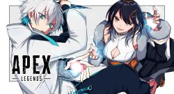 1boy 1girl apex_legends black_hair black_jacket blue_eyes blue_pants breasts cleavage cleavage_cutout clothing_cutout electricity fur_trim gloves highres holding holding_knife indie_virtual_youtuber jacket knife kunai large_breasts logo nail_polish open_hands open_mouth orange_eyes orange_nails pants reignite shirasu_(mashiro_(rikuya)) shirasu_uni smile tempplex v-shaped_eyebrows virtual_youtuber weapon white_gloves hope&#039;s_dusk_(apex_legends)