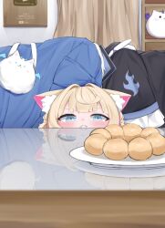 1girl :&lt; animal_ear_fluff animal_ears bag blonde_hair blue_eyes blush commentary curtains dog_ears dog_girl donut english_commentary fangs food handbag highres hololive indoors looking_at_food miixxc mococo_abyssgard multicolored_hair peeking_out perroccino_(fuwamoco) plaque plate pon_de_ring portrait reflection solo streaked_hair table unworn_clothes
