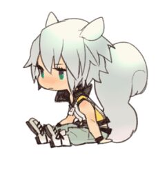 1boy animal_ears blue_pants boots chibi chibi_only commentary_request expressionless facing_to_the_side full_body green_eyes grey_hair high_collar kingdom_hearts kingdom_hearts_3d_dream_drop_distance lowres male_focus pants riku_(kingdom_hearts) robert_(robahato) simple_background sitting squirrel_boy squirrel_ears squirrel_tail tail vest white_background white_boots wristband