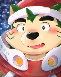 1boy absurdres bara blush dog_boy furry furry_male green_eyes hat headphones headphones_around_neck highres live_a_hero looking_at_viewer male_focus mokdai_(live_a_hero) open_mouth red_hat santa_costume santa_hat solo zuboboz