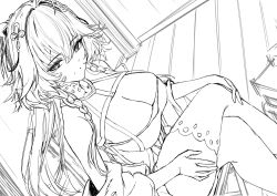 1girl breasts changli_(wuthering_waves) crossed_bangs crossed_legs hair_between_eyes halterneck highres large_breasts long_hair sketch smile solo thighhighs unfinished wuthering_waves xfate