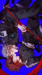 2boys :d absurdres aotsuki_eito armband belt belt_pouch black_pants black_streaks blood blood_on_clothes blood_on_face blood_on_gloves blue_background blue_eyes buttons chinese_commentary clenched_teeth cuts eye_contact gakuran glasses gloves grey_hair grimace highres holding holding_scythe hole_in_chest hole_on_body injury last_defense_academy_school_uniform looking_at_another male_focus multicolored_hair multiple_boys open_mouth pants pouch red_hair school_uniform scythe short_hair simple_background smile spoilers streaked_hair sumino_takumi teeth the_hundred_line_-last_defense_academy- upside-down waiaaaaaaa weapon white_armband white_belt white_gloves wide-eyed