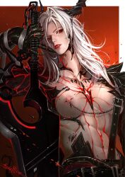 1girl armor body_markings border breasts cosplay cracked_skin highres holding holding_weapon horns long_hair looking_at_viewer love_and_deepspace medium_breasts ninety-nine_(path_to_nowhere) nipple_chain nipple_piercing nipples outside_border path_to_nowhere piercing red_eyes renepolumorfous scar scar_on_chest signature solo sylus_(love_and_deepspace) sylus_(love_and_deepspace)_(cosplay) weapon white_border white_hair