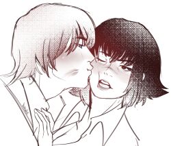 Rule 34 | 1boy, 1girl, black hair, blue eyes, blush, dante (devil may cry), devil may cry, devil may cry (series), devil may cry 3, highres, kiowle, kiss, kissing cheek, lady (devil may cry), lipstick mark, red eyes, scar, scar on face, scar on nose, short hair, simple background, white background, white hair