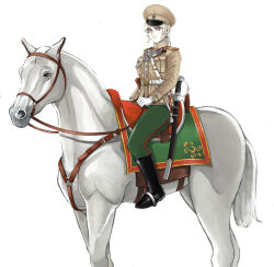 Rule 34 | 1girl, army, belt, belt buckle, black boots, boots, braid, breast pocket, breasts, brown hat, brown jacket, buckle, cockade, drill hair, drill sidelocks, epaulettes, gloves, green pants, grin, hat, high collar, holding, holster, horse, horseback riding, imperial russian army, jacket, katyusha (98269886), leather, leather belt, leather boots, long hair, long sleeves, looking at viewer, medium breasts, military, military hat, military uniform, original, pants, parted lips, peaked cap, pink lips, pocket, riding, russian empire, russian text, saber (weapon), sidelocks, simple background, single braid, sitting, smile, solo, striped clothes, striped pants, sword, weapon, white background, white belt, white eyes, white gloves, world war i