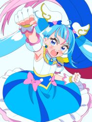 Rule 34 | 1girl, blue cape, blue dress, blue eyes, blue hair, bow, brooch, cape, clenched hands, commentary, cowboy shot, cure sky, cut bangs, detached sleeves, dress, dress bow, earrings, fingerless gloves, frilled dress, frills, frown, gloves, hair ornament, highres, hirogaru sky! precure, jewelry, long hair, looking at viewer, magical girl, medium dress, multicolored hair, open mouth, pink bow, pink hair, precure, puffy detached sleeves, puffy sleeves, raised fist, red cape, shinonome sakura, simple background, single sidelock, sleeveless, sleeveless dress, solo, sora harewataru, standing, streaked hair, twintails, two-sided cape, two-sided fabric, two-tone dress, two-tone hair, very long hair, white background, white dress, white gloves, wing brooch, wing hair ornament