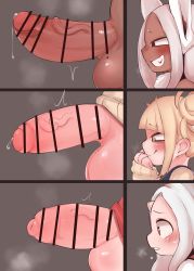 3futa absurdres bar_censor blonde_hair blush boku_no_hero_academia censored chart comparison dark-skinned_female dark_skin double_bun erection eri_(boku_no_hero_academia) foreskin futanari grin hair_bun highres horn loli mirko mole mole_on_testicle multiple_futa penis_chart penis_comparison penis_size_comparison penis_size_difference phimosis pointless_censoring precum rabbit_ears smile testicles toga_himiko white_hair zkky2nd