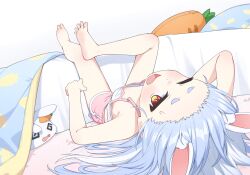 1girl adversarial_noise alternate_costume animal_ears bare_arms bare_legs bare_shoulders barefoot bed blush breasts camisole carrot-shaped_pillow commentary_request dolphin_shorts downblouse feet forehead foreshortening from_behind grey_hair hair_down highres hololive korean_commentary legs_up looking_at_viewer looking_back lying on_back on_floor one_eye_closed open_mouth pekomon_(usada_pekora) pink_shorts rabbit-shaped_pupils rabbit_ears red_eyes short_shorts shorts simple_background small_breasts soles solo symbol-shaped_pupils thick_eyebrows ugaaaa1 usada_pekora virtual_youtuber white_background white_camisole