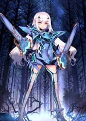 1girl anklet arm_at_side armor armored_leotard black_dress black_gloves blue_armor blue_collar bracer breasts choco_(chocolate_shop) closed_mouth collar covered_navel dress expressionless fairy_sword_arondight fate/grand_order fate_(series) full_body game_cg gloves hand_up high_heels jewelry large_variant_set legs_apart leotard long_hair long_sleeves looking_at_viewer melusine_(fate) melusine_(first_ascension)_(fate) official_art short_dress shoulder_armor sidelocks small_breasts solo standing third-party_source turtleneck turtleneck_dress variant_set white_hair yellow_eyes
