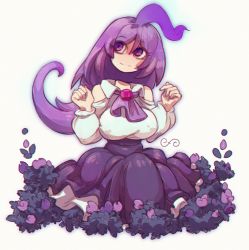 1girl 2021 ahoge bare_shoulders beige_background breasts detached_head dress eyelashes eyes_visible_through_hair female_focus flower gem ghost hair_between_eyes highres huge_ahoge jewelry kerchief large_breasts long_hair long_skirt long_sleeves looking_to_the_side matching_hair/eyes no_neck no_nose puffy_long_sleeves puffy_sleeves purple_eyes purple_flower purple_hair purple_skirt shiny_clothes shiny_skin sitting skirt smile solo solo_focus w_arms zurasuta