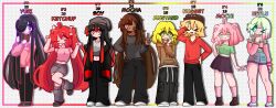 &gt;_&lt; 1boy 6+girls absurdres ahoge animal_ears baseball_cap beanie beanie_hat black_hair black_hat black_jacket black_pants black_shoes black_shorts black_socks blonde_hair blue_shoes blue_shorts blush bonbon_(bonzomcbonbon) book border bow brown_eyes brown_hair brown_hoodie brown_shoes character_age character_name crop_top dark-skinned_female dark_skin everyone from_behind gauze gauze_on_cheek gradient_hair green_eyes green_shirt hair_bow hair_over_one_eye hand_in_own_hair hand_on_own_hip hand_up hat heart heart-shaped_pupils heart_ahoge height height_difference highres holding holding_book hood hood_down hoodie jacket ketchup_(bonzomcbonbon) leg_up long_hair looking_to_the_side loose_socks midriff mocha_(bonzomcbonbon) mochi_(bonzomcbonbon) multicolored_hair multiple_girls mustard_(bonzomcbonbon) navel neelu_(bonzomcbonbon) nugget_(bonzomcbonbon) one_eye_closed open_clothes open_jacket open_mouth original pants paw_pose pink_hair pink_shirt pink_socks pink_sweater polka_dot polka_dot_background purple_eyes purple_skirt rabbit_ears red_eyes red_hair red_shirt shirt shoes short_sleeves shorts skirt socks soy_(bonzomcbonbon) streaked_hair sweater symbol-shaped_pupils teeth twintails v white_background white_shoes yuri_(bonzomcbonbon)