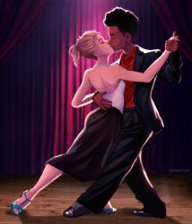 1boy 1girl absurdres alextucker artist_name blonde_hair couple dancing dark-skinned_male dark_skin dress formal_clothes gwen_stacy highres holding_hands kiss marvel miles_morales signature spider-gwen spider-man:_across_the_spider-verse spider-man_(miles_morales) spider-man_(series) spider-verse suit twitter_username