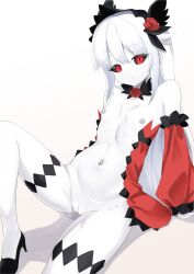 1girl arm_support bare_shoulders black_sclera blue_footwear bonnet borrowed_character cleft_of_venus colored_nipples colored_sclera colored_skin detached_collar detached_sleeves double-parted_bangs dress dusu_(htkj) female_focus flower grey_nipples hair_between_eyes high_heels highres knee_up loli looking_at_viewer monster_girl neck_flower nipples no_bra no_panties open_clothes open_dress original pumps pussy red_dress red_eyes red_sleeves rose sidelocks slit_pupils solo stomach uncensored white_hair white_skin