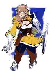 1girl absurdres black_corset braid braided_ponytail breasts brown_hair cleavage corset fire_emblem fire_emblem_engage goldmary_(fire_emblem) hair_ribbon highres holding holding_shield hooded_top large_breasts long_hair looking_at_viewer low_ponytail mochako_(motyako_1005) nintendo ponytail ribbon shield skirt smile white_ribbon yellow_eyes yellow_skirt
