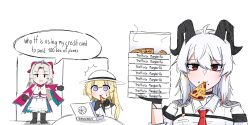 Rule 34 | 3girls, ahoge, armband, black armband, black choker, black collar, black eyes, black gloves, black horns, blonde hair, blue eyes, bow, box, carlotta (wuthering waves), chest harness, choker, collar, collared shirt, commentary, curled horns, dress, eating, english commentary, english text, food, gloves, hair between eyes, hair bow, hair ornament, harness, hat, hawaiian pizza, highres, holding, holding box, holding food, holding pizza, horns, jacket, logo, long hair, looking at viewer, multicolored eyes, multicolored hair, multiple girls, necktie, phoebe (wuthering waves), pineapple on pizza, pink bow, pink jacket, pizza, pizza box, red eyes, red necktie, shirt, simple background, streaked hair, sweatdrop, tenrino, two-tone eyes, white background, white dress, white hair, white hat, white shirt, wuthering waves, x hair ornament, zani (wuthering waves)