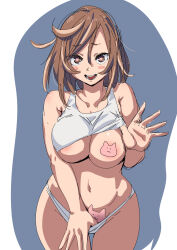 1girl bandaid blue_background blush breasts brown_eyes brown_hair highres konchiki large_breasts looking_at_viewer navel open_mouth original panties pasties smile solo tank_top underboob underwear white_panties