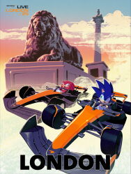 absurdres artist_request car commentary england english_commentary formula_one highres knuckles_the_echidna logo london mclaren motor_vehicle nelson&#039;s_column official_art product_placement promotional_art race_vehicle racecar real_world_location sonic_(series) sonic_the_hedgehog stone_lion trafalgar_square united_kingdom