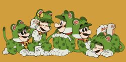 1boy animal_costume animal_ears blue_eyes brown_hair cat_costume cat_ears cat_luigi cat_tail facial_hair full_body gloves highres long_sleeves luigi male_focus mario_(series) mimimi_(mimimim9999) multiple_persona mustache nintendo short_hair super_mario_3d_world tail white_gloves